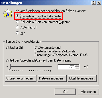 Internet Explorer: Cache-Optionen