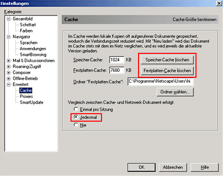 Netscape: Cache-Optionen