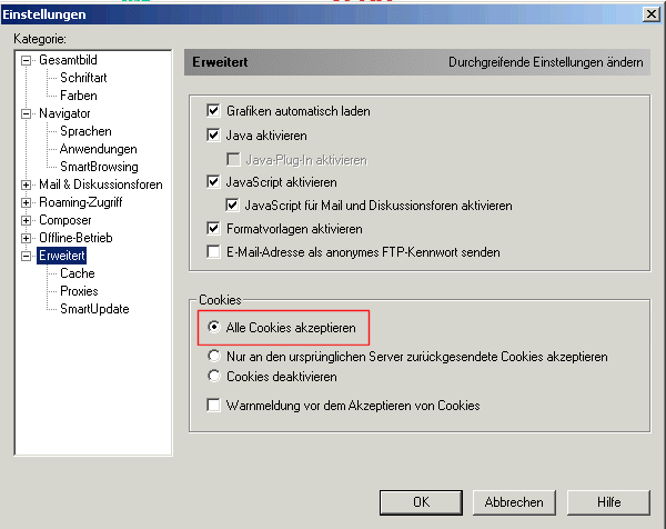 Netscape: Cookies-Optionen
