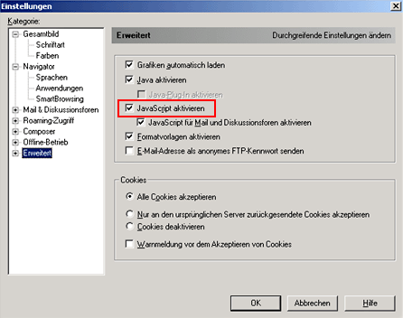 Netscape: JavaScript aktivieren
