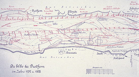 Altkarte zur Elbe: Elbausbau bei Drethem 1792-1893